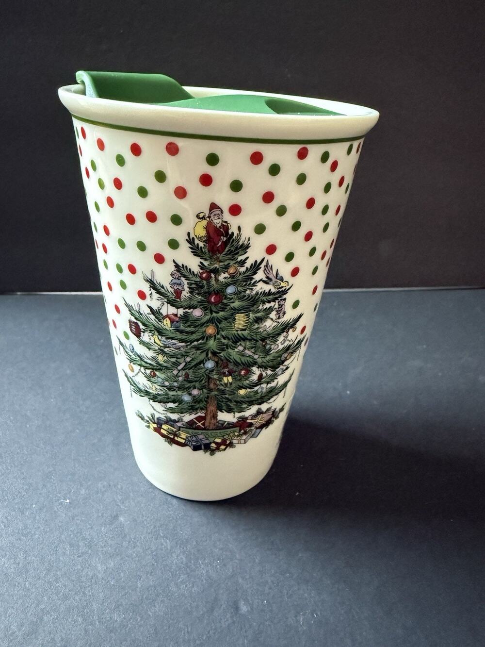 Spode Christmas Tree Ceramic Travel Mug Tumbler Plastic Lid 8oz Cup Holiday